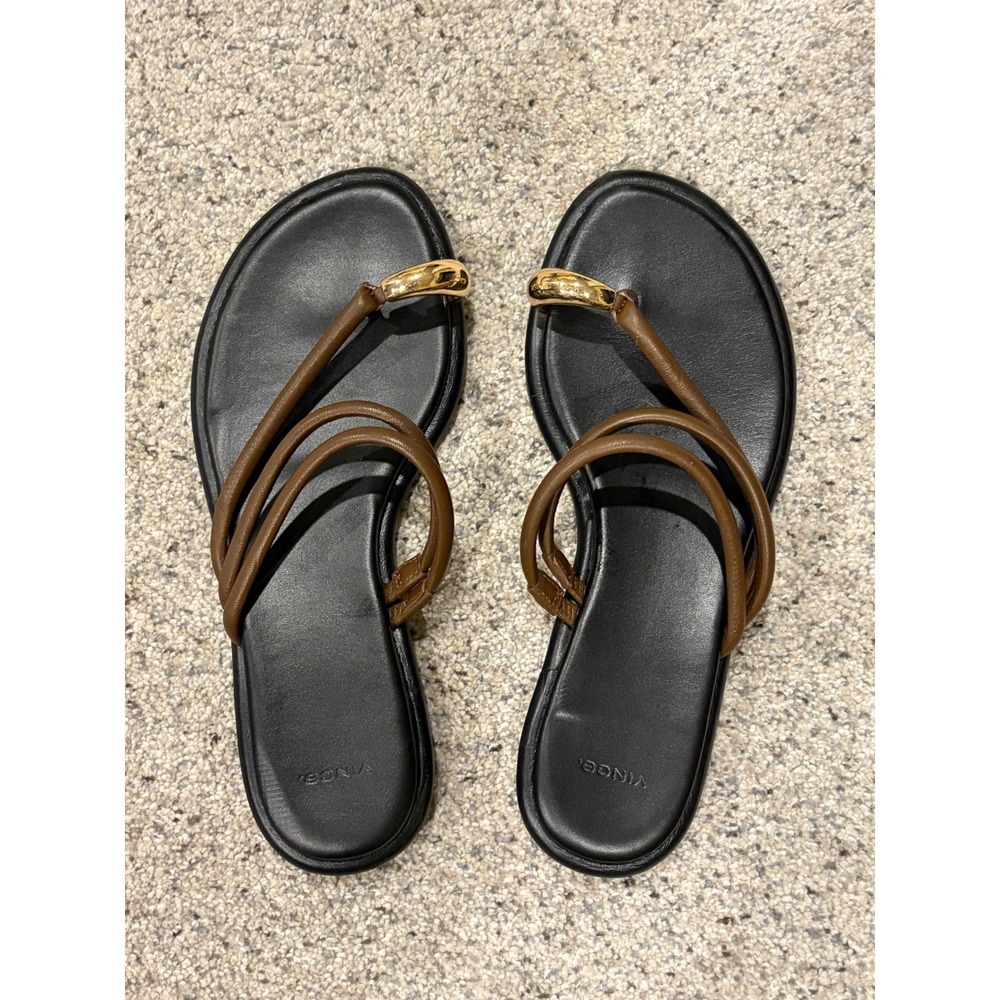 Vince Black Footbed Brown Leather Strappy Sandals with Gold Accent